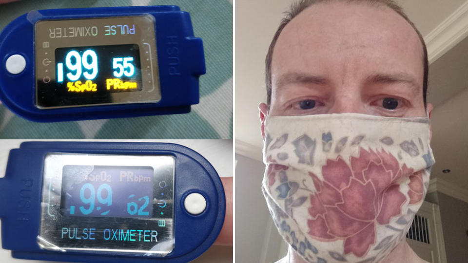 Dr Tom Lawton wear a face mask and monitoring his oxygen levels as he runs to work