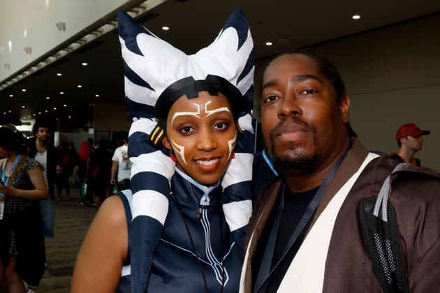 Aqura Lacey, of New York, dressed as Ashoka, left, and Jason Muse, of San Francisco, dressed as a Jedi Knight, from the 