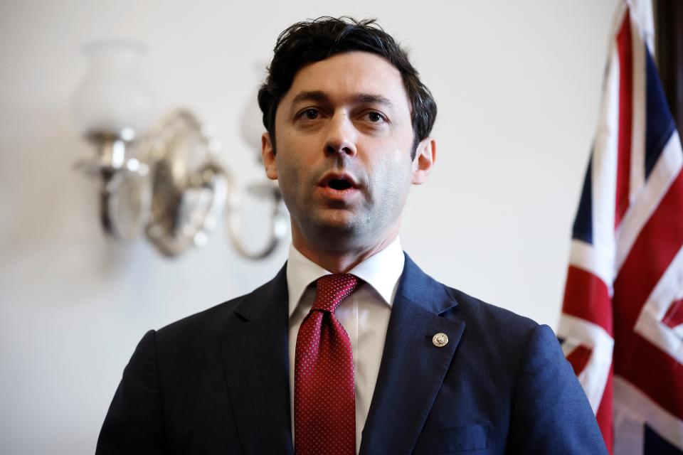 Sen. Jon Ossoff, D-Ga., delivers brief remarks about a school massacre in Texas before a meeting with New Zealand Prime Minister Jacinda Ardern in his office on Capitol Hill on May 25.