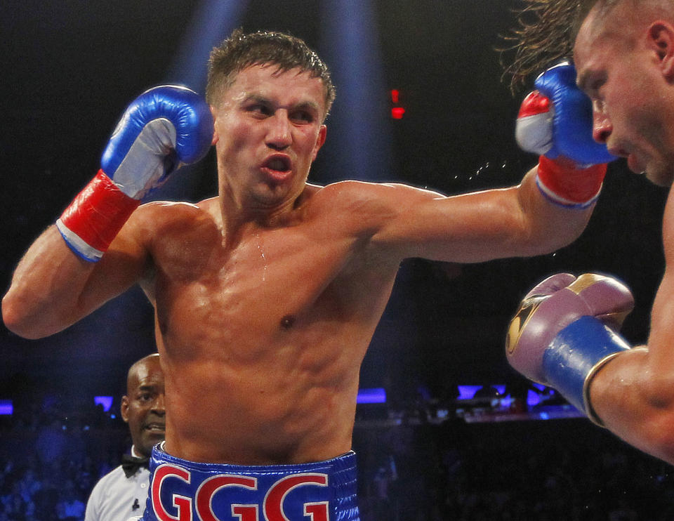 Gennady Golovkin, izquierda, pelea contra Davie Lemieux en Nueva York. Golovkin enfrentará a Kell Brook el 10 de septiembre en Londres. (AP Photo/Rich Schultz, File)