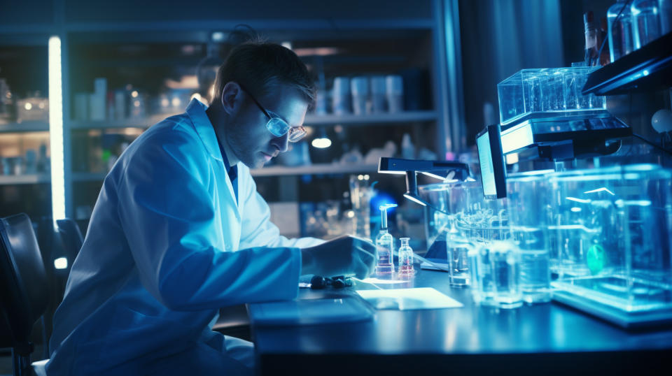 A clinical researcher in a lab, using cloud-based technology to analyze human biofluids.