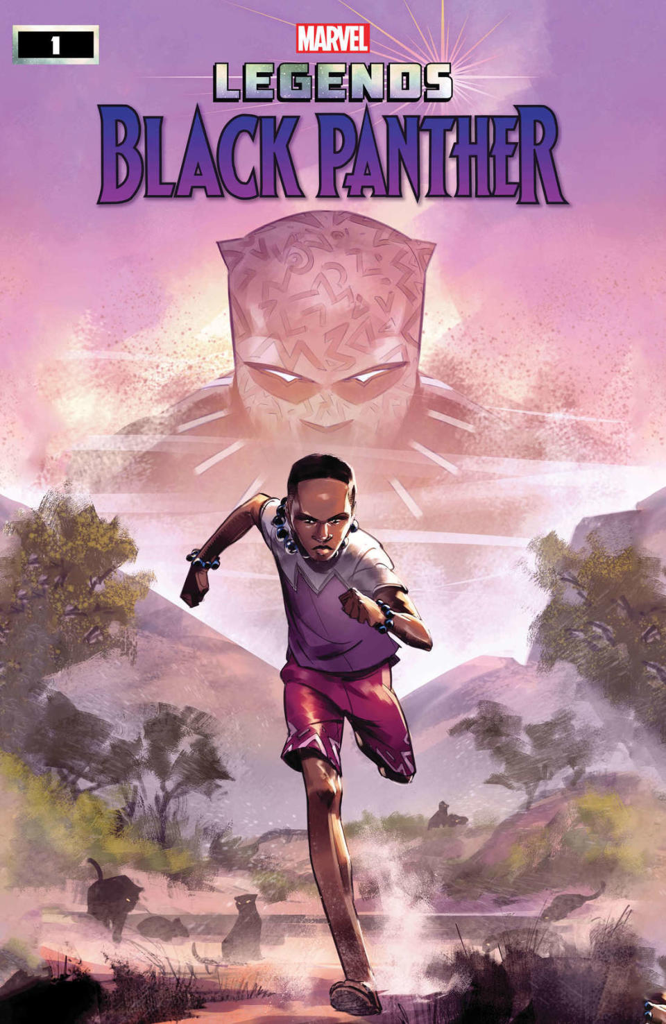 A comic book illustration of a young T'Challa running with Black Panther behind him in the sky on the cover of Black Panther Legends