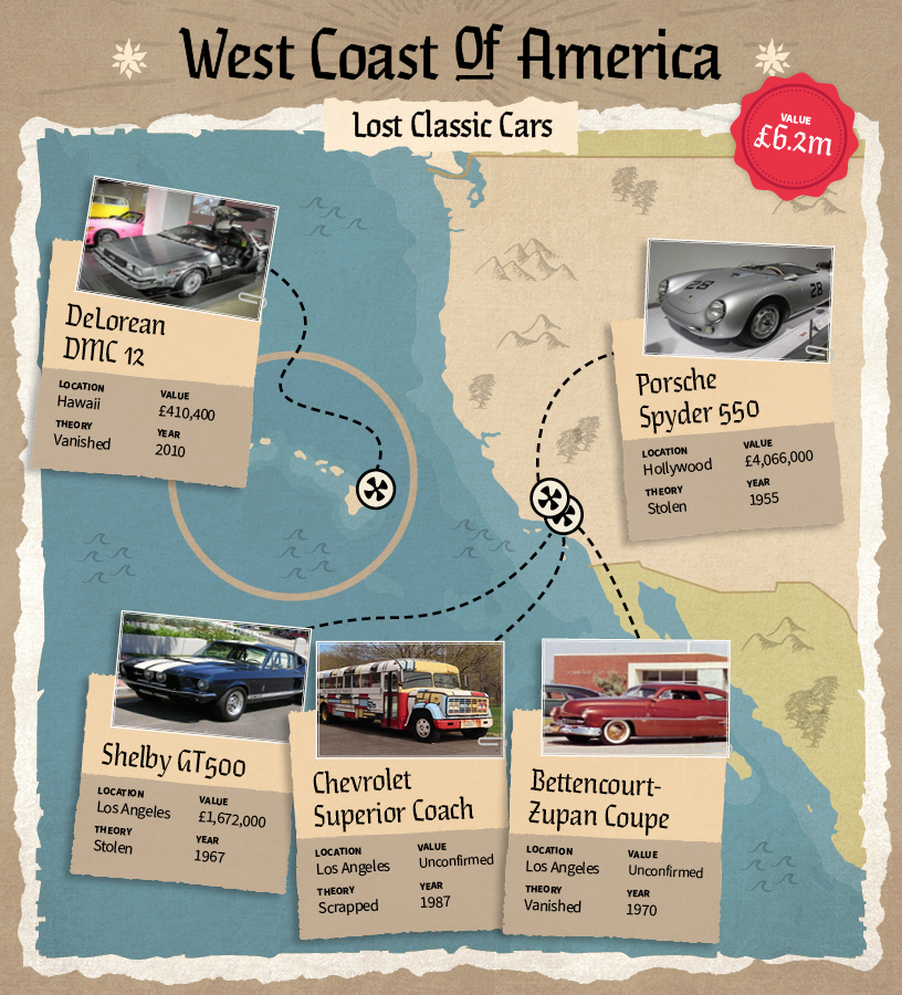 Select Car Leasing's map of some of the classic cars to go missing along the West Coast of the United States.