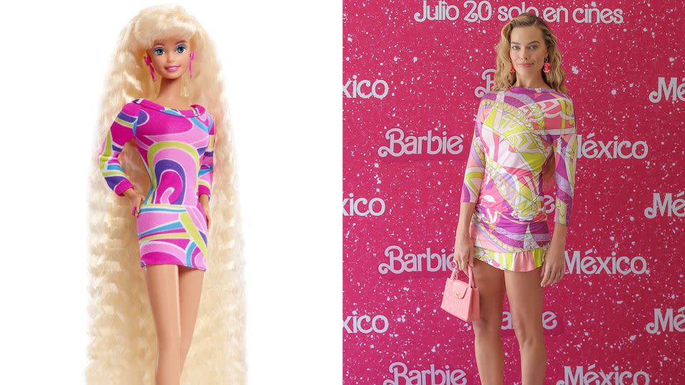 Robbie channeled the record-selling "Totally Hair Barbie" from 1992 in Mexico City on July 7. - Mattel; Hector Vivas/Getty Images