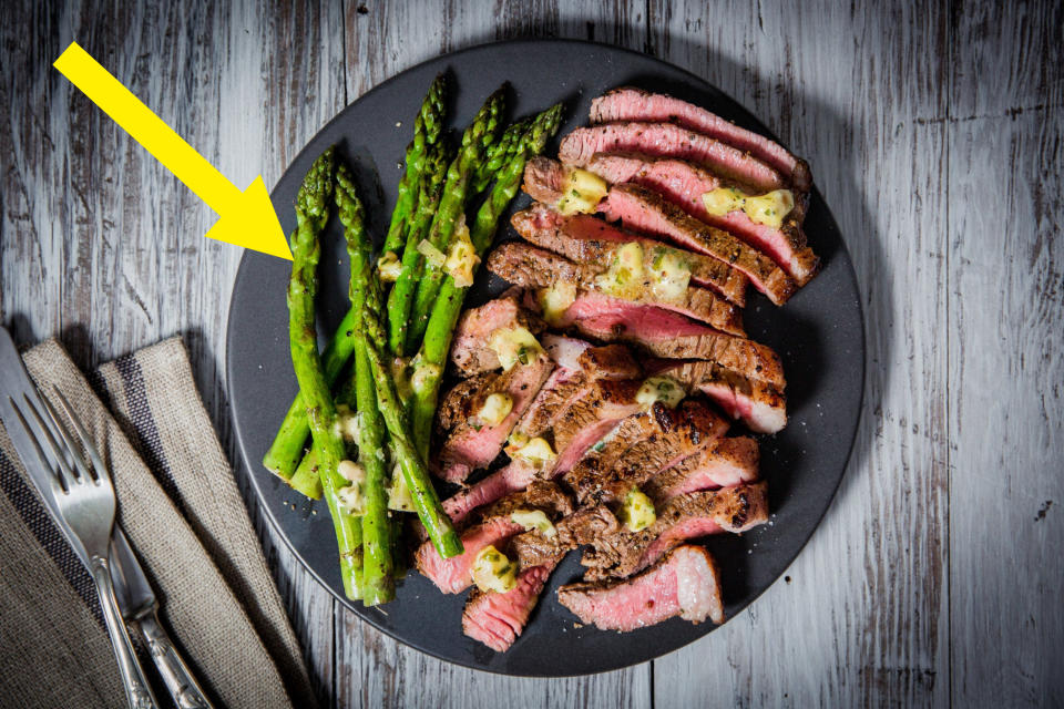 Sliced steak with asparagus on the side.