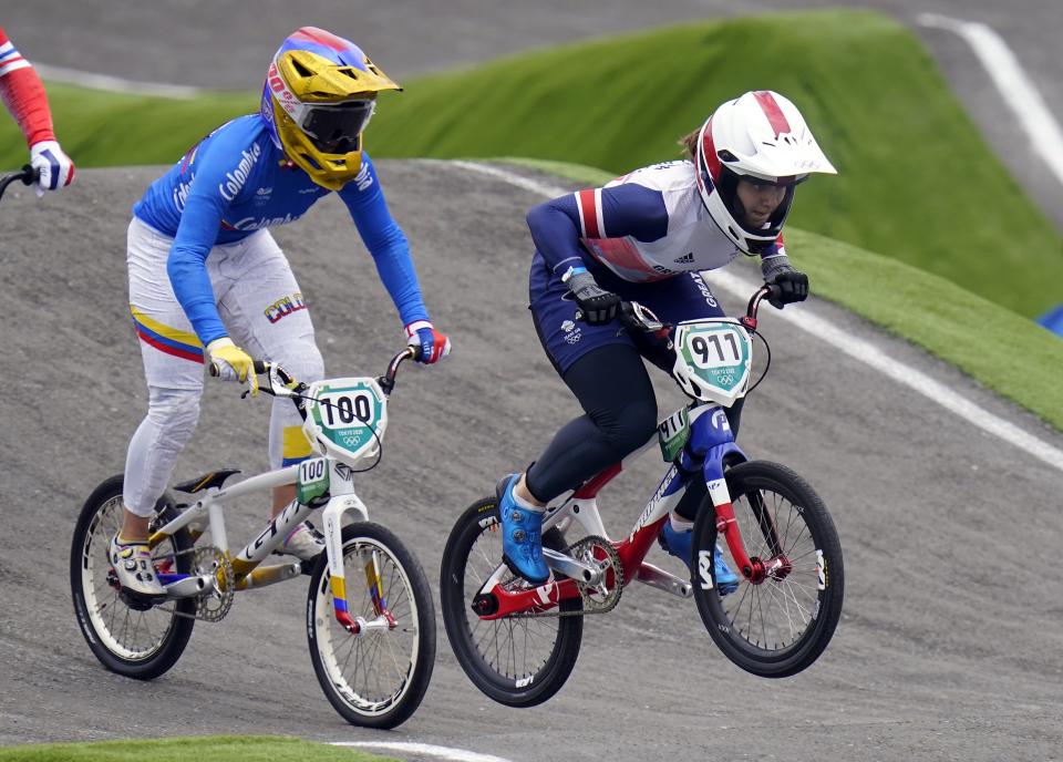 Great Britain’s Bethany Shriever on her way to winning gold in the Cycling BMX Racing at the Ariake Urban Sports Park. (PA Wire)