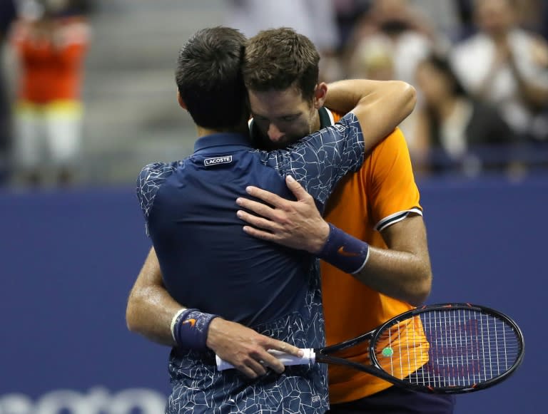 Best of friends: Novak Djokovic and Juan Martin del Potro embrace