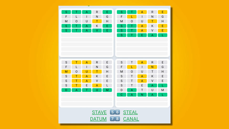 Quordle Daily Sequence answers for game 471 on a yellow background