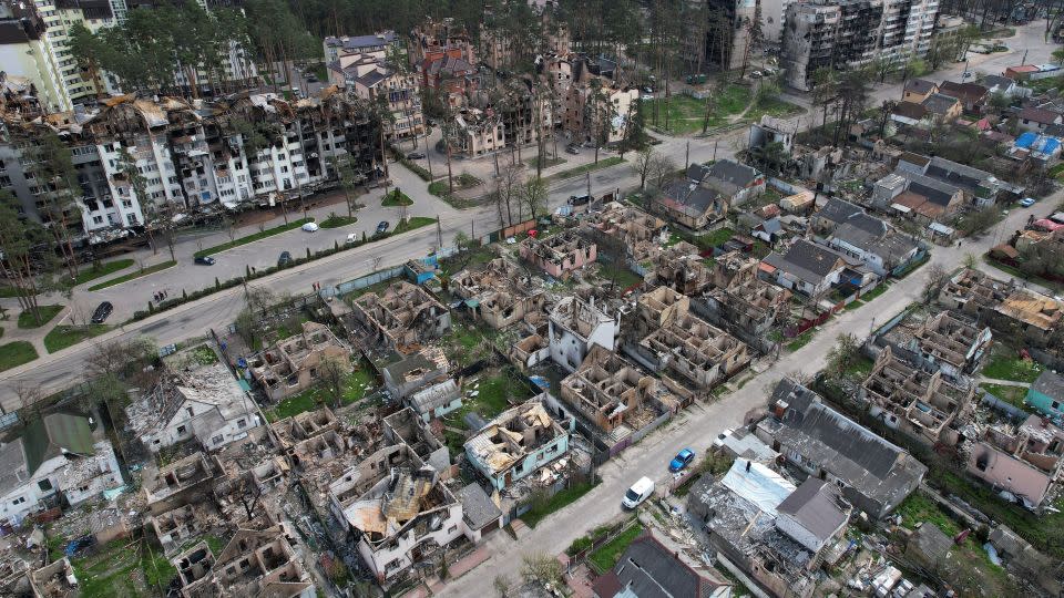 A view shows residential buildings destroyed during Russia’s invasion of Ukraine in the town of Irpin, outside Kyiv, Ukraine April 29, 2022. - Valentyn Ogirenko/Reuters