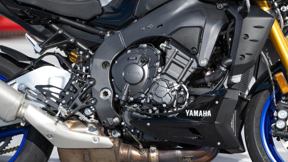 A close-up of the motor on the 2023 Yamaha MT-10 SP naked bike.