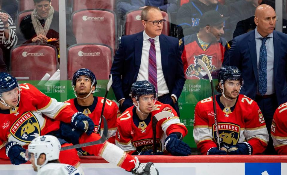 Florida Panthers head coach Paul Maurice watches his team play against the Toronto Maple Leafs in the third period of their NHL game at the Amerant Bank Arena on Thursday, Oct. 19, 2023, in Sunrise, Fla.