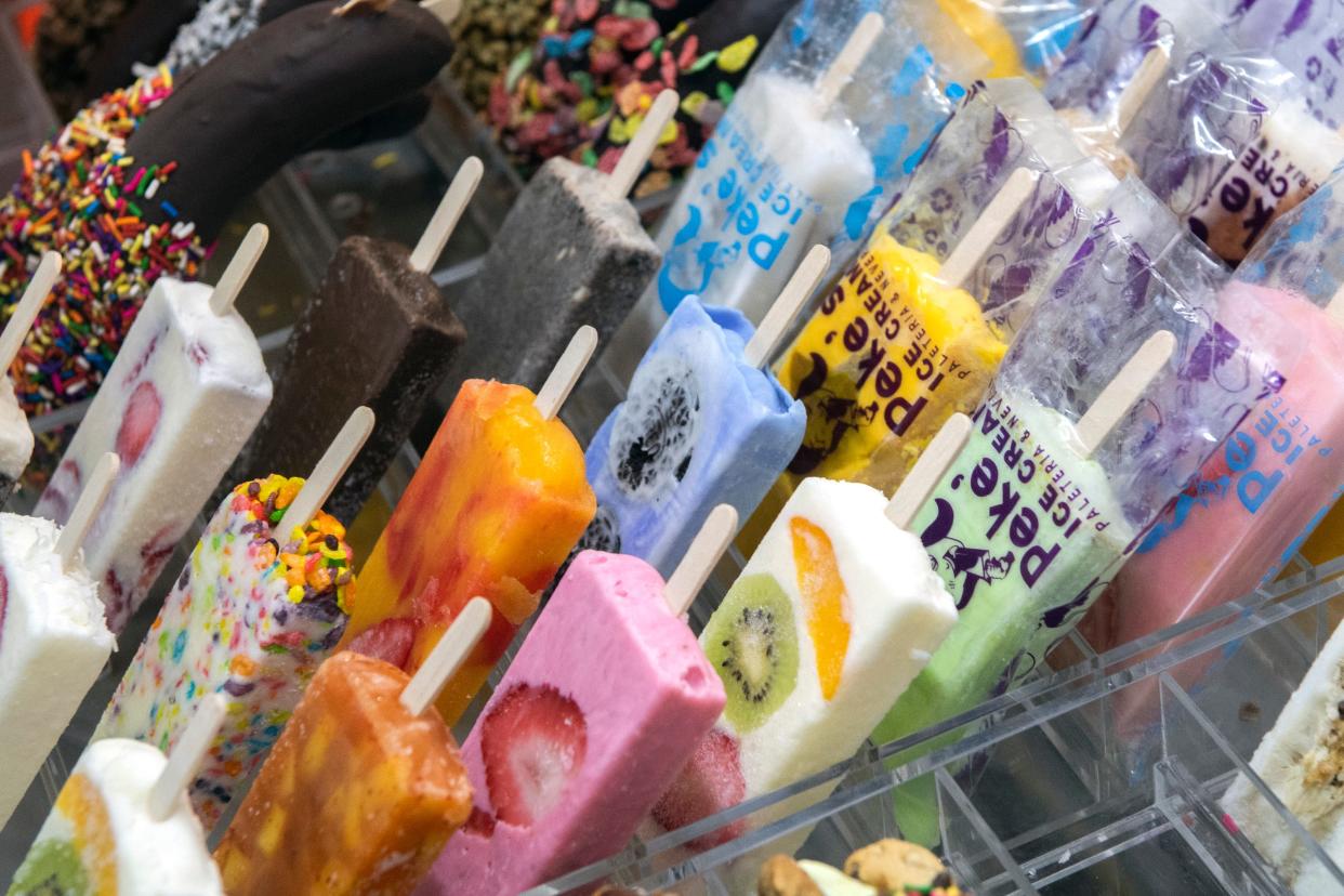 Novelties in an ice cream case at Peke's Ice Cream Paleteria & Neveria in the Waterfront Warehouse in downtown Stockton on Monday, Mar. 20, 2023.
