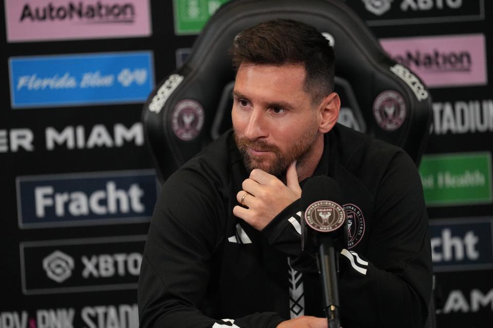 Lionel Messi of Inter Miami CF addresses the media Thursday at the DRV PNK Stadium in Fort Lauderdale.