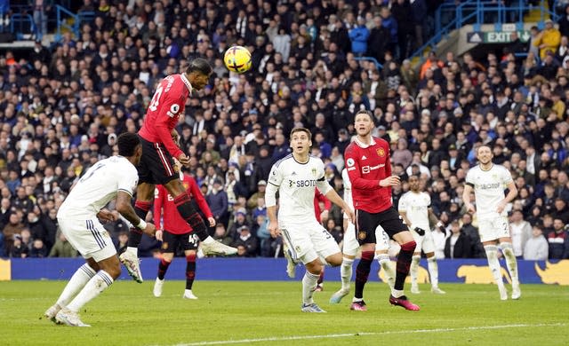 Marcus Rashford, second left, heads Manchester United in front at Elland Road