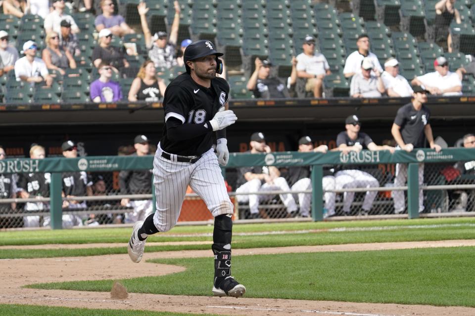 Chicago White Sox's AJ Pollock sprints around the bases after hitting a two-run home run in the eighth inning of a baseball game against the Kansas City Royals in Chicago, Thursday, Sept. 1, 2022. Yasmani Grandal also scored on the shot. (AP Photo/Nam Y. Huh)