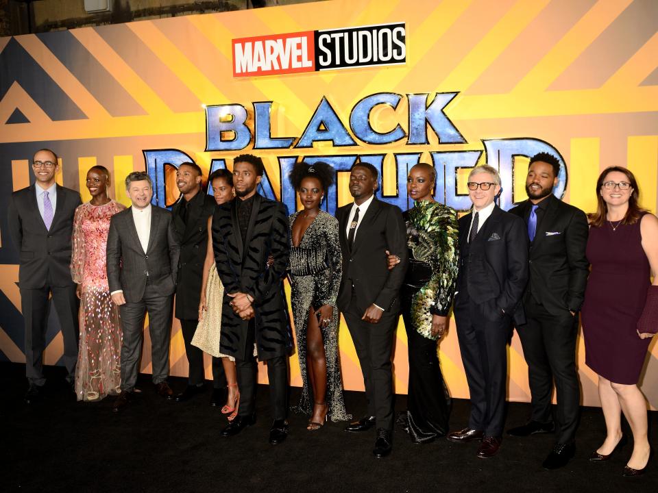 Nate Moore, Florence Kasumba, Andy Serkis, Michael B. Jordan, Letitia Wright, Chadwick Boseman, Lupita Nyong'o, Daniel Kaluuya, Danai Gurira, Martin Freeman, director Ryan Coogler and executive producer Victoria Alonso attend the European Premiere of "Black Panther" in London, England on February 8, 2018.