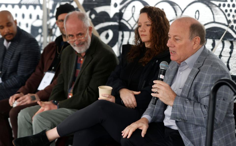 Detroit Mayor Mike Duggan talks to the crowd as others listen during a news conference at Marrow Detroit Provisions in Eastern Market in Detroit on Tuesday, March 5, 2024. Marrow purchased the 14,000-square-foot building that was constructed in 1909 and plans on opening a restaurant, a butcher shop and event space in the spring of 2025