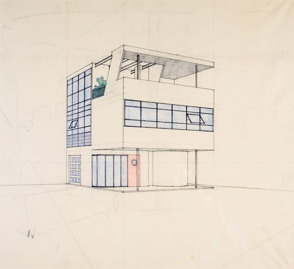 Architects: Kocher & Frey, <i>Exterior Perspective Sketch of Aluminaire House</i>™, 1931, graphite, colored pencil on paper, 12 x 15 inches, Courtesy of Special Collections, John D. Rockefeller Jr. Library, The Colonial Williamsburg Foundation.