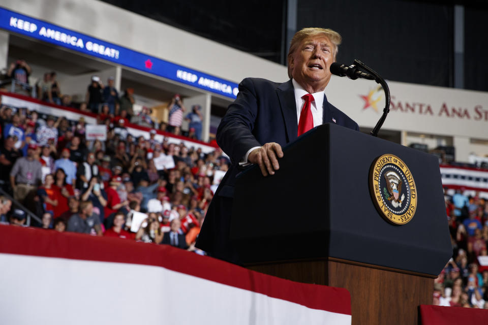 President Donald Trump speaks during a campaign rally at the Santa Ana Star Center, Monday, Sept. 16, 2019, in Rio Rancho, N.M. (AP Photo/Evan Vucci)