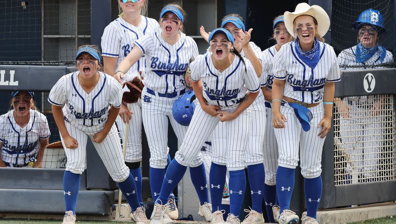 Bingham players cheer on the play against Herriman in the 6A softball state championship in Provo on Friday, May 26, 2023.