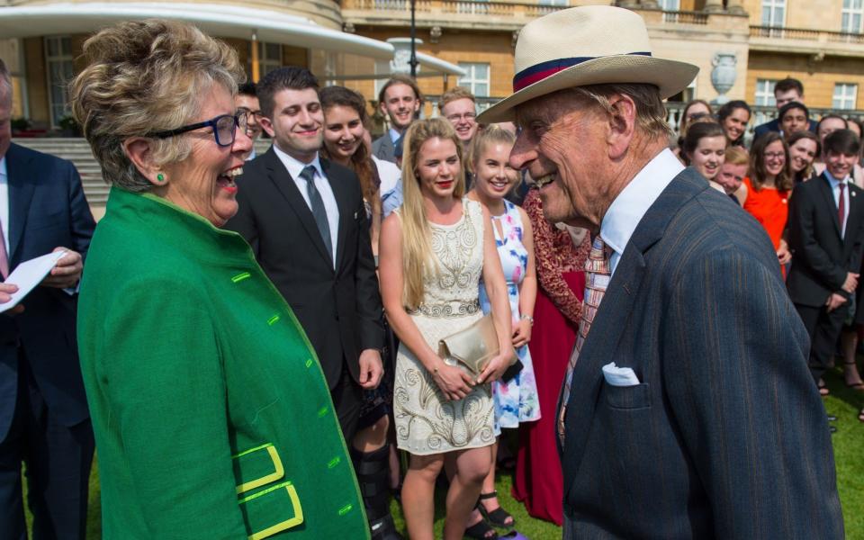 The Duke of Edinburgh meets Prue Leith at the Duke of Edinburgh's Award gold award presentations, at Buckingham Palace, London - Dominic Lipinski 