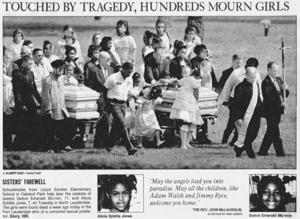 A screenshot of the Nov. 13, 1996 front cover of the Broward edition of the Miami Herald including photos of DeAnn Emerald Mu’min, 11, and Alicia Sybilla Jones, 7. In 1999, Howard Steven Ault was convicted of killing the girls. Miami Herald archives via Newspapers.com