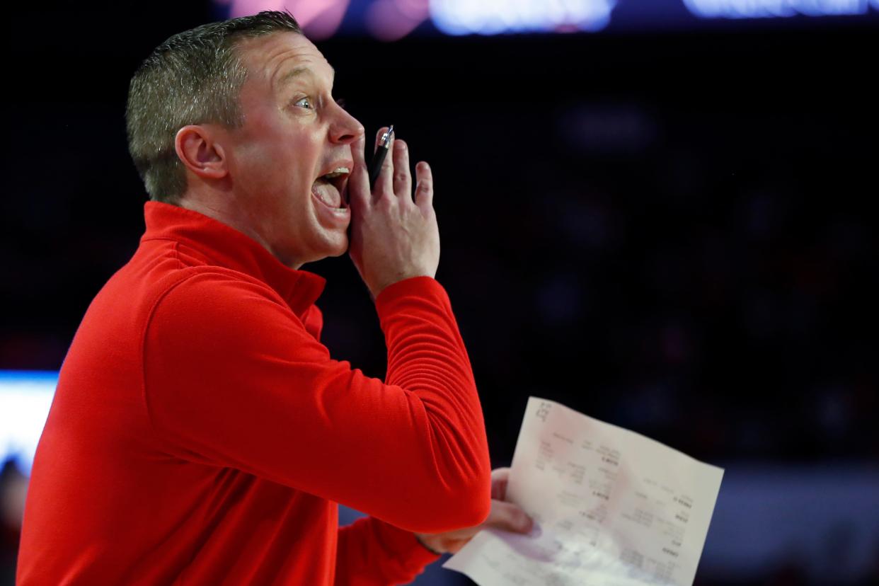 Georgia coach Mike White yells out during a NCAA basketball game between Auburn and Georgia in Athens, Ga., on Wednesday, Jan. 4, 2023. Georgia won 76-64.