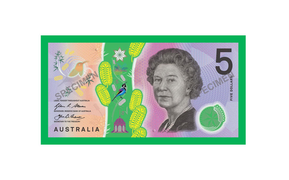 <p>Queen Elizabeth II is the star of this bill—along with the Yellow Prickly Moses Wattle (a shrub common in Western Australia) and the Eastern Spinebill (a honeyeater found in Souther-Eastern Australia).</p>