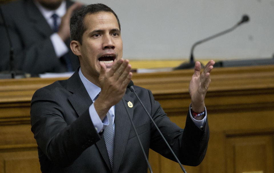 Venezuelan Congress President Juan Guaido, opposition leader who declared himself interim president, addresses the National Assembly in Caracas, Venezuela, Wednesday, March 6, 2019. The U.S. and more than 50 governments recognize Guaido as interim president, saying President Nicolas Maduro wasn't legitimately re-elected last year because opposition candidates weren't permitted to run. (AP Photo/Ariana Cubillos)