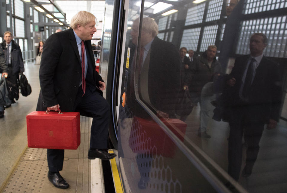 Prime Minister Boris Johnson at St Pancras Station, London to board a train to go on the General Election campaign train in Kent. (Photo by Stefan Rousseau/PA Images via Getty Images)