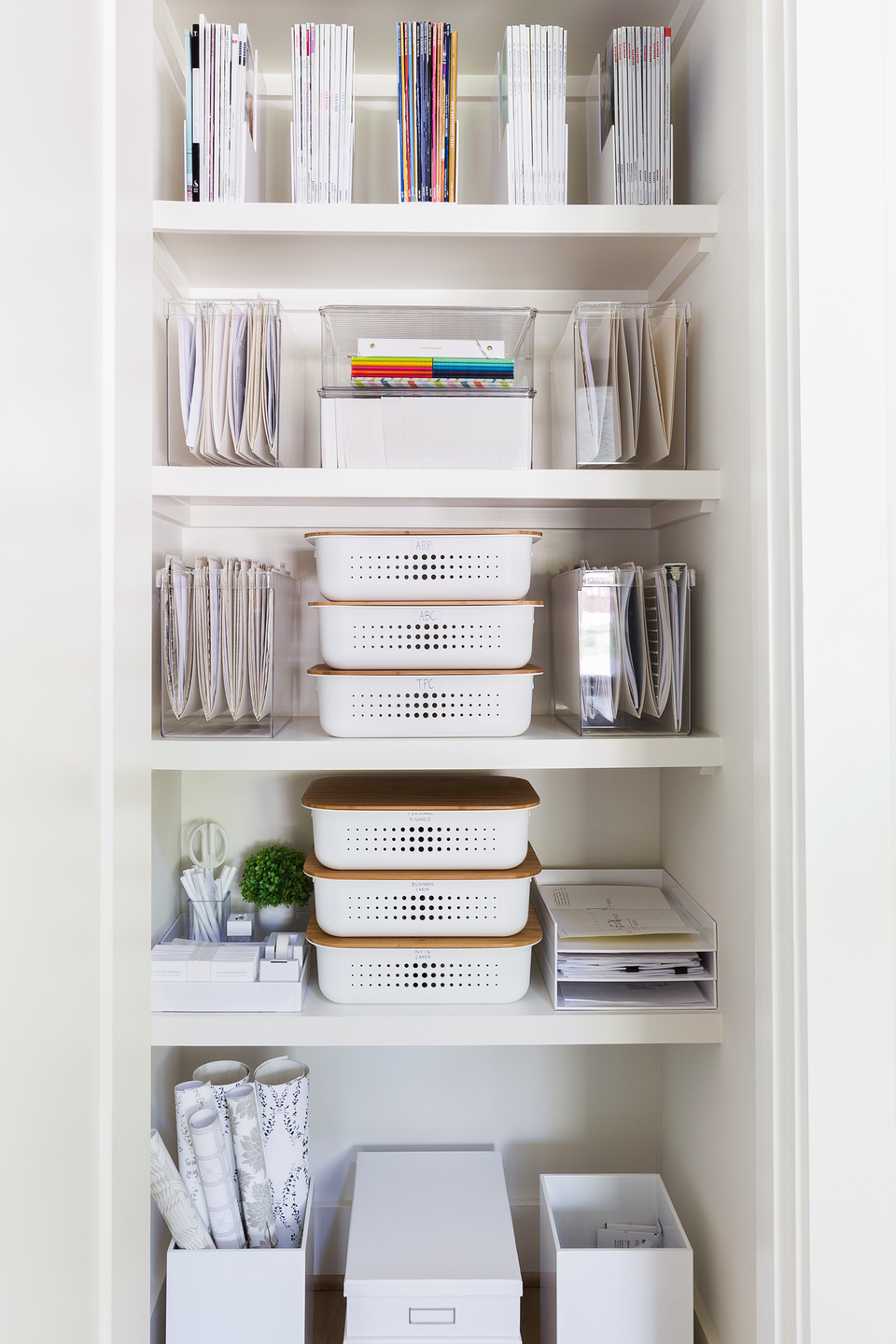 organized work closet home office, boxes, acrylic organizers