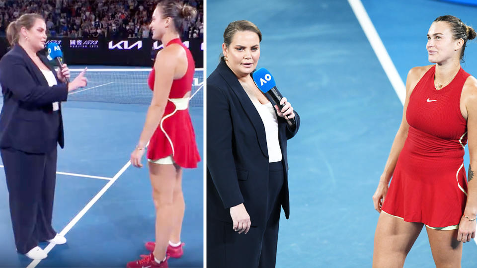 Jelena Dokic and Aryna Sabalenka at the Australian Open.