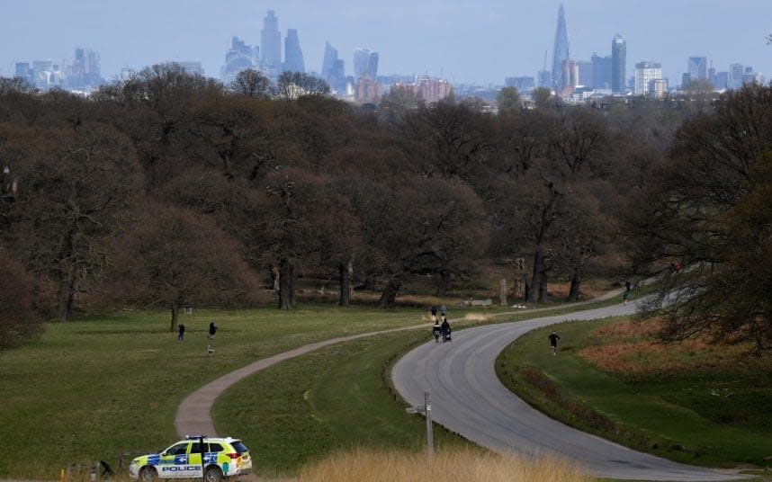 In London's Richmond Park, police patrolled to ensure no one was breaking the guidelines - TOBY MELVILLE /Reuters