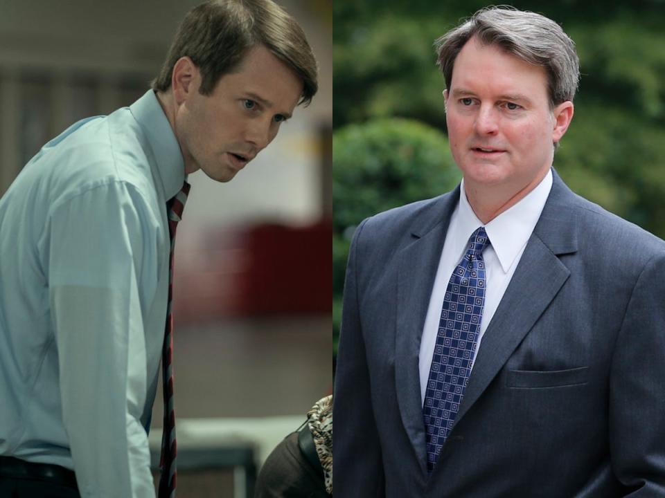 Tyler Ritter as John Brownlee on Netflix's "Painkiller," left; right, John Brownlee in 2014.