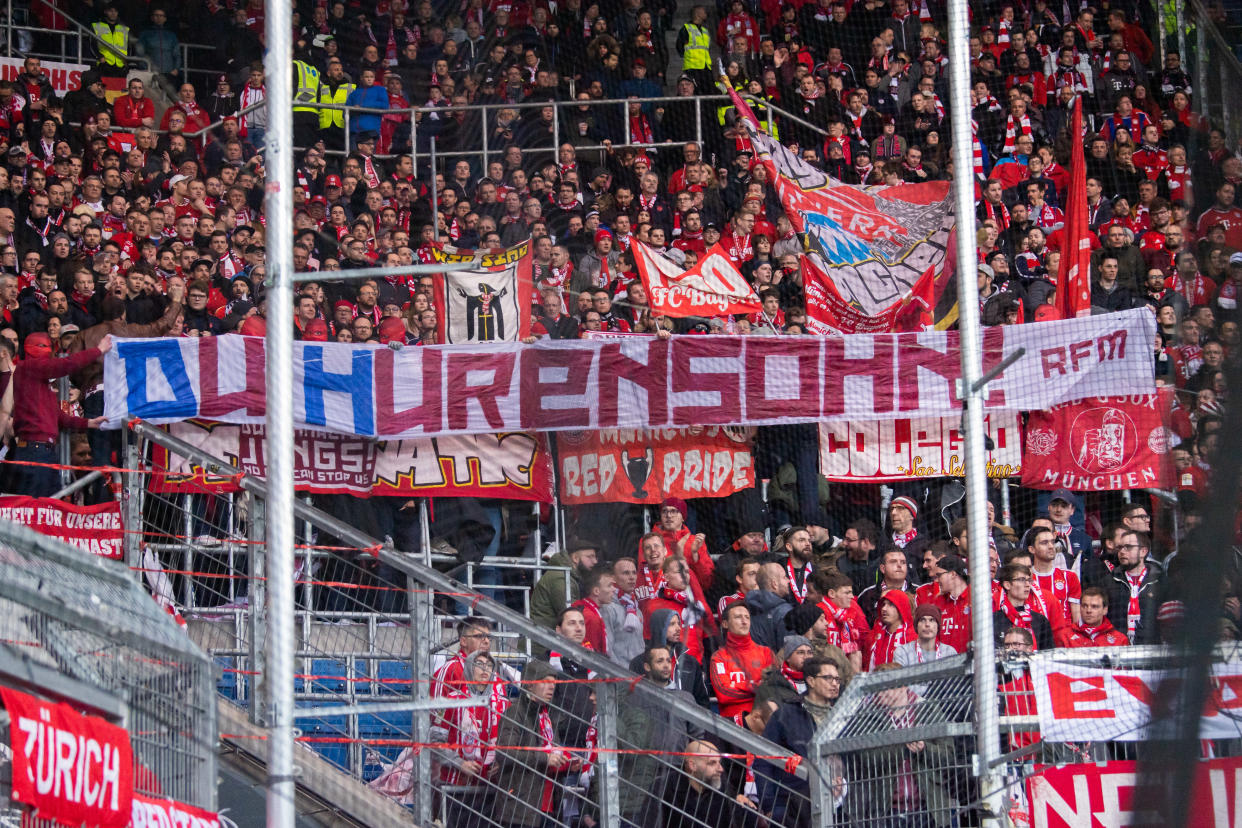 Bayern Munich fans' "Hurensohn" banner from Saturday's match at Hoffenheim has been the flashpoint of growing controversy. (Photo by Tom Weller/picture alliance via Getty Images)