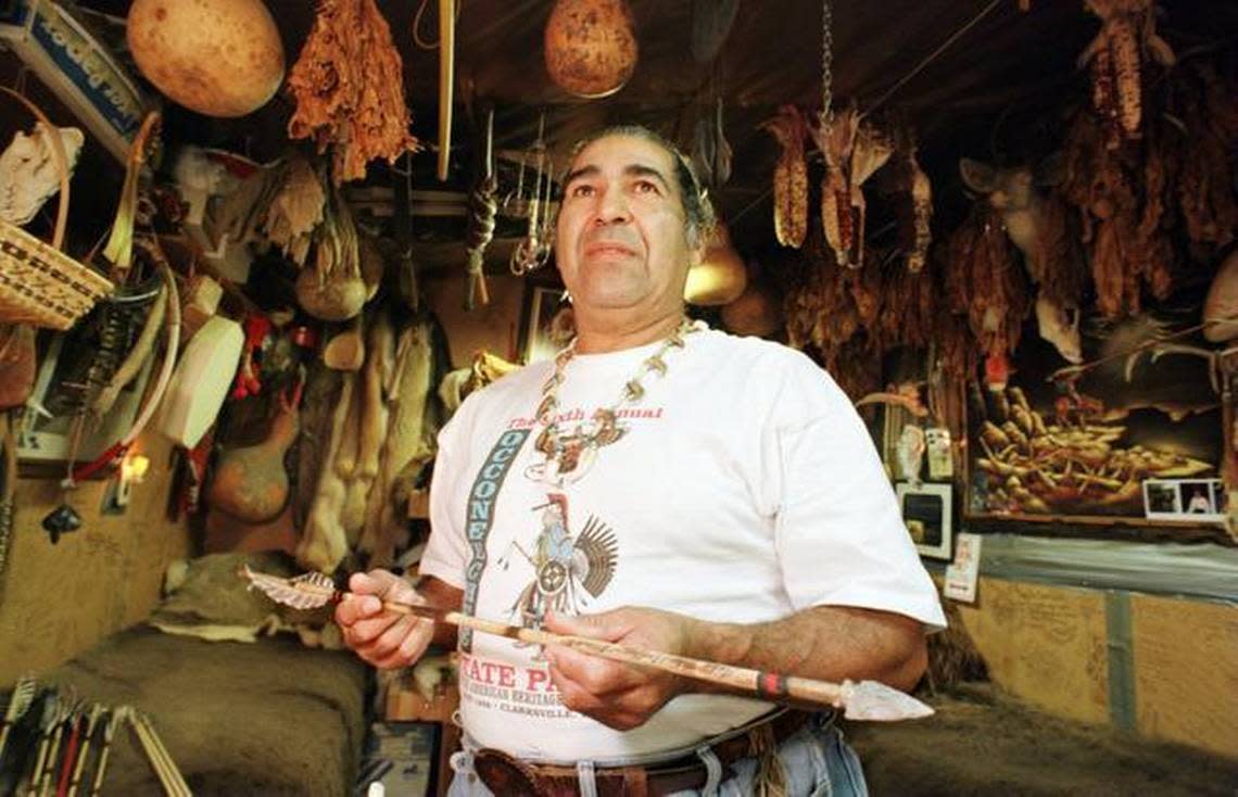 John ‘Blackfeather‘ Jeffries, Occaneechi tribal elder, has filled his shed with items from nature that he has collected in his wandering and uses in his demonstrations and exhibits of how the Occaneechis lived nearly 300 years ago in the area. He is holding one of the authentic arrows he makes.