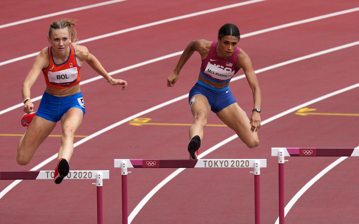 Sydney McLaughlin on the way to winning the gold medal (Martin Rickett/PA) (PA Wire)