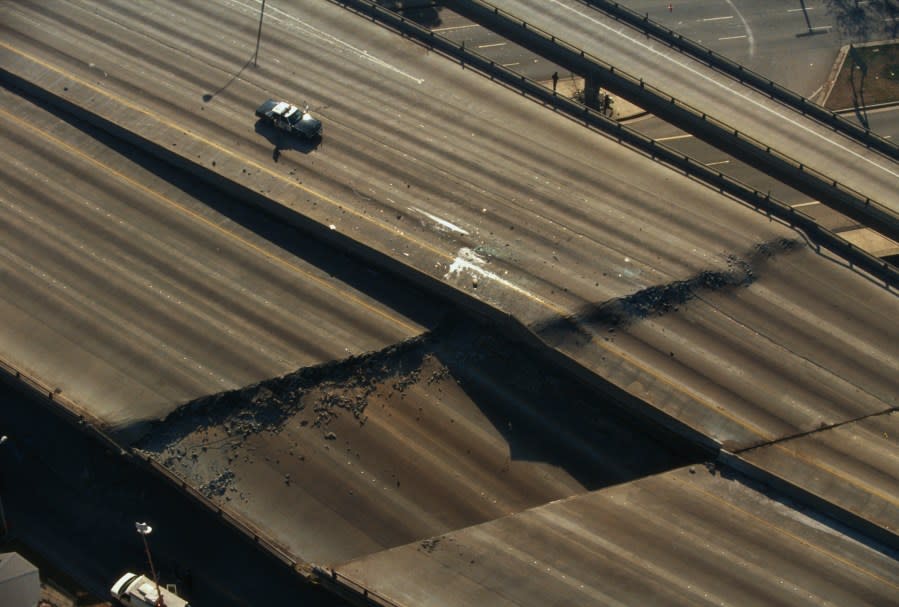 A police car sits at site of an overpass collapse resulting from the 1994 Northridge Earthquake. (Photo by �� Steve Starr/CORBIS/Corbis via Getty Images)