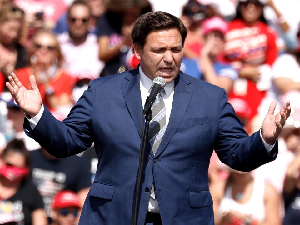 Florida governor Ron DeSantis speaks at the Donald Trump’s make America great victory rally at Raymond James Stadium in Tampa, Florida, on 29 October 2020 ((EPA))