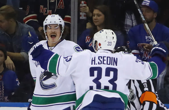 NEW YORK, NY - NOVEMBER 08: Loui Eriksson #21 of the Vancouver Canucks celebrates his goal at 15:18 of the second period against the New York Rangers and is joined by Henrik Sedin #33 at Madison Square Garden on November 8, 2016 in New York City. (Photo by Bruce Bennett/Getty Images)