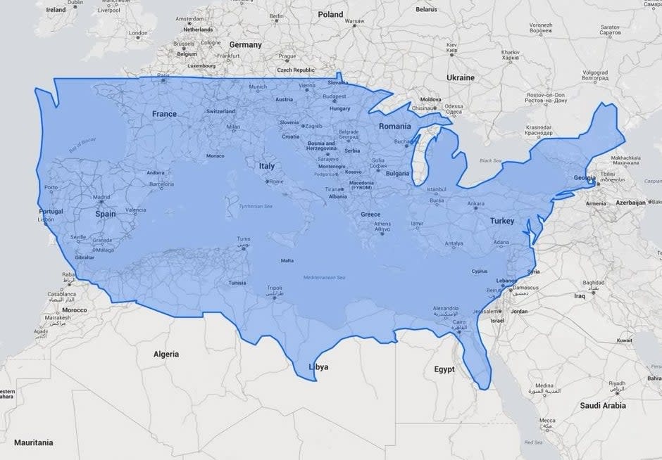The contour of the US superimposed over a section of Europe, Asia, and North Africa, with Egypt where Florida would be