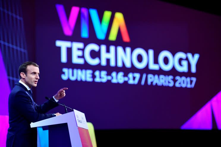 French President Emmanuel Macron delivers a speech during the Viva Technology conference dedicated to start-ups development, innovation and digital technology in Paris, France, June 15, 2017. REUTERS/Martin Bureau/Pool