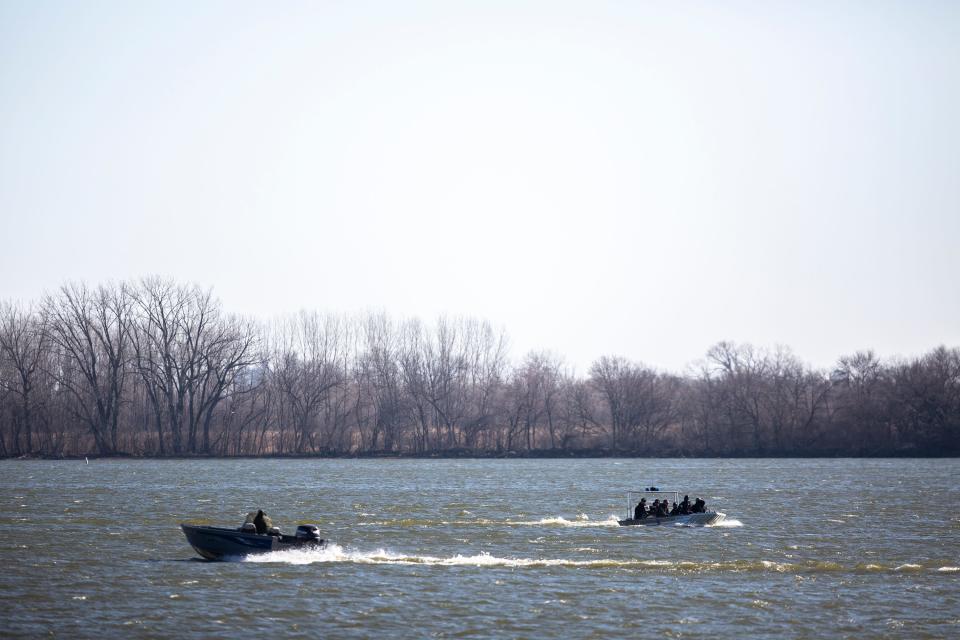 Law enforcement resume the search for a missing Iowa State University Crew Club member on Monday, March 29, 2021, at Little Wall Lake in Hamilton County. The ISU student has been missing since the rescue of three other students and the death of one on the lake Sunday. 