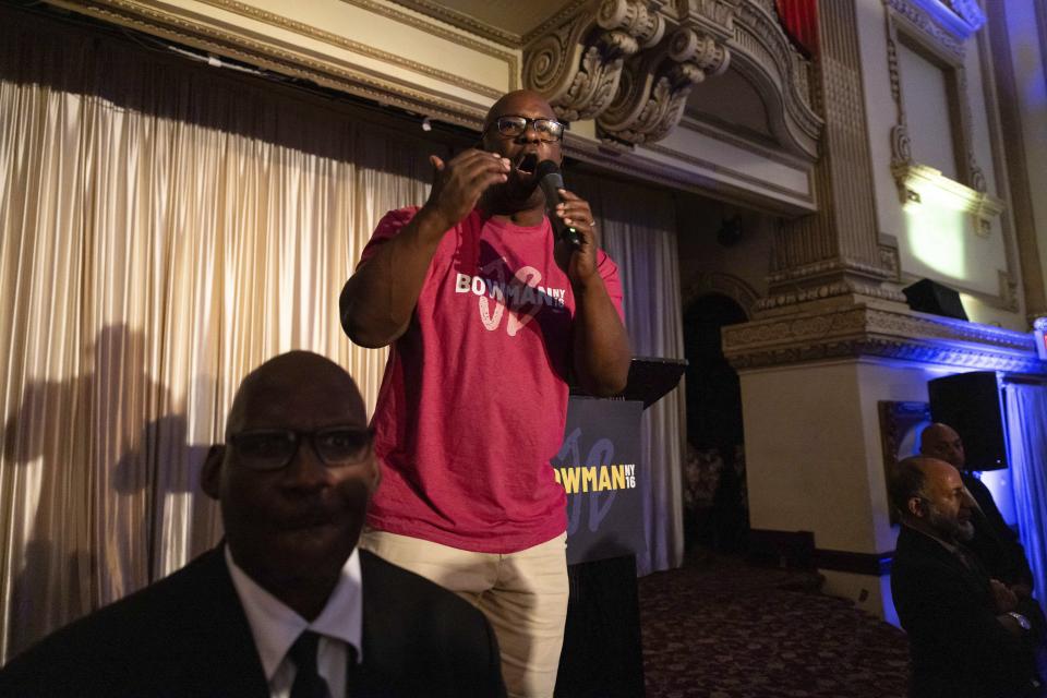 Rep. Jamaal Bowman, D-N.Y. speaks during an election night watch party on Tuesday, June 25, 2024, in Yonkers, N.Y. (AP Photo/Yuki Iwamura)