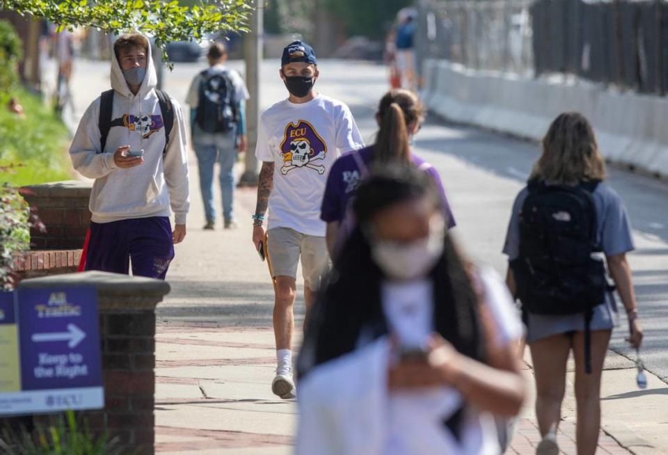 Students walk through East Carolina University Tuesday, August 18, 2020.