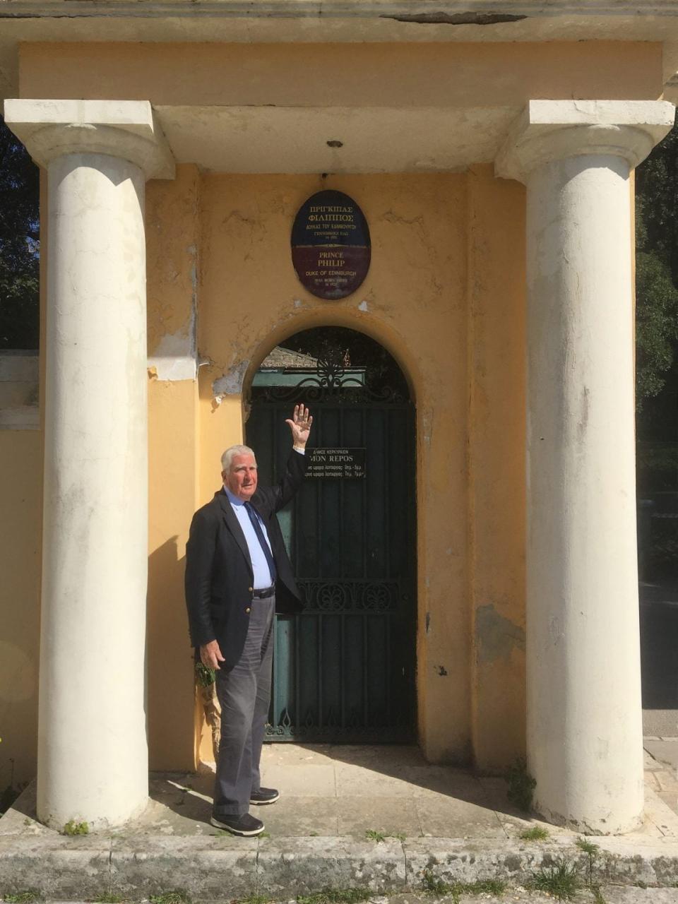 Count Spiro Flamburiari, chair of the Corfu Heritage Foundation, with the plaque dedicated to Prince Philip outside Mon ReposAlex Sakalis