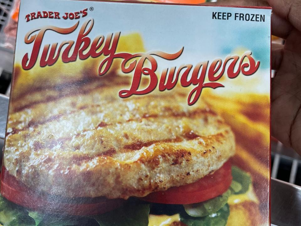 box of trader joe's frozen turkey burgers