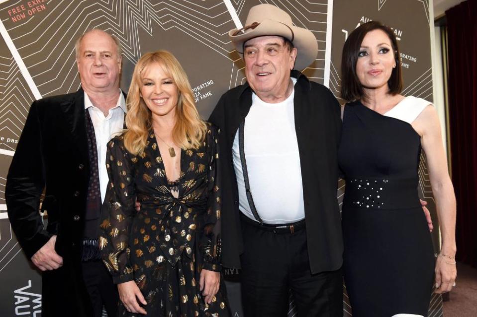 Michael Gudinski, Kylie Minogue, Molly Meldrum and Tina Arena in December 2017.