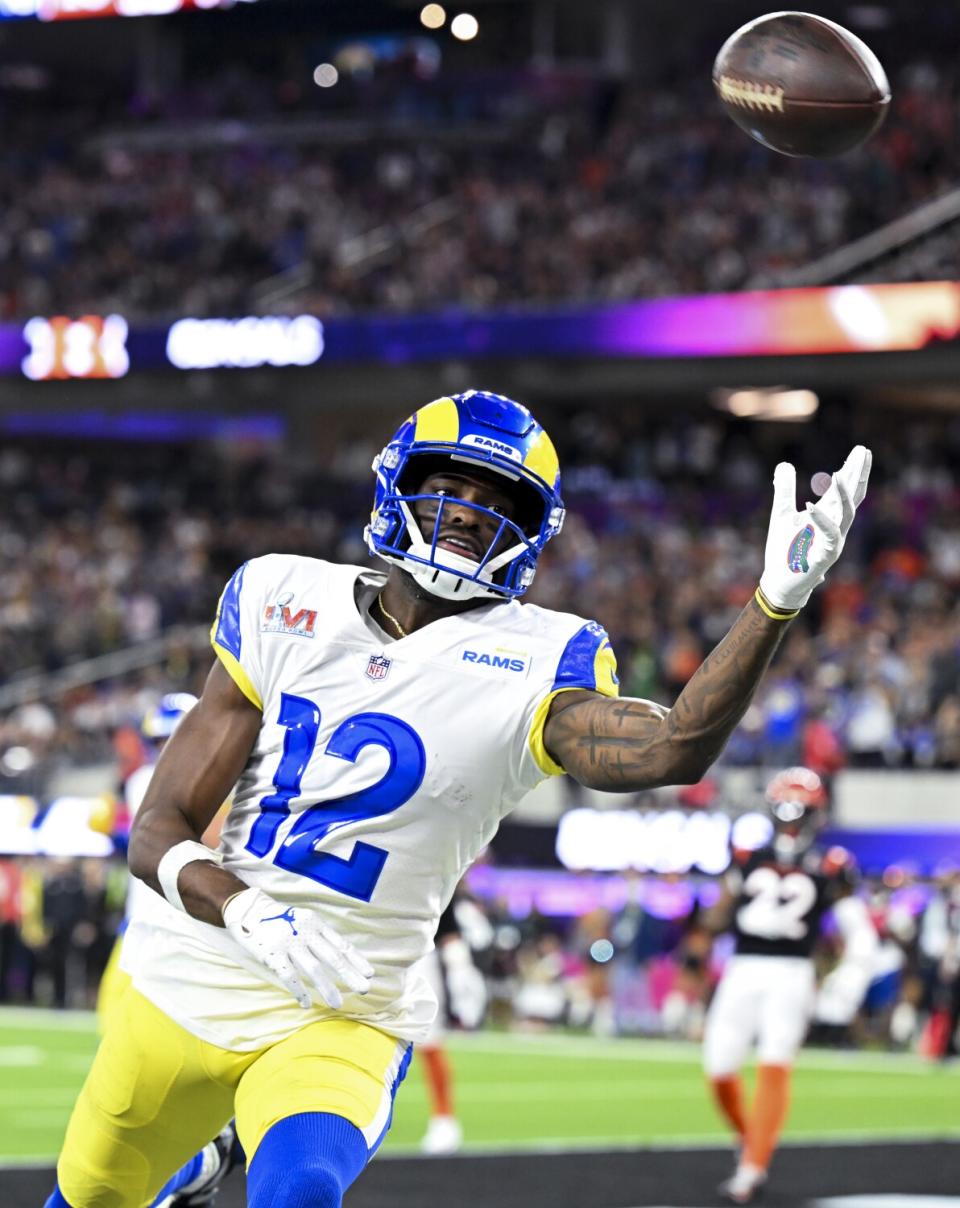 Rams wide receiver Van Jefferson stretches to catch a pass in Super Bowl LVI against the Cincinnati Bengals on Feb. 13.