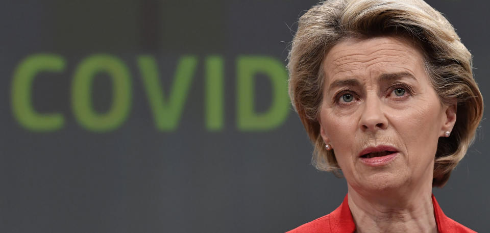 European Commission President Ursula von der Leyen speaks during a media conference on the Commissions response to COVID-19 at EU headquarters in Brussels, Wednesday, March 17, 2021. The European Commission is proposing Wednesday to create a Digital Green Certificate to facilitate safe free movement inside the EU during the COVID-19 pandemic. (John Thys, Pool via AP)